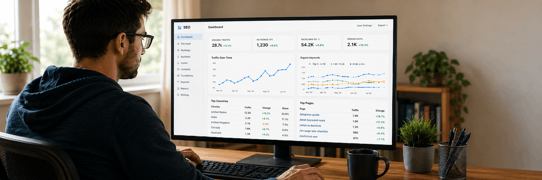 SEO Manager analysiert Rankings, Keywords und organischen Traffic in einem SEO-Dashboard am Homeoffice-Arbeitsplatz.
