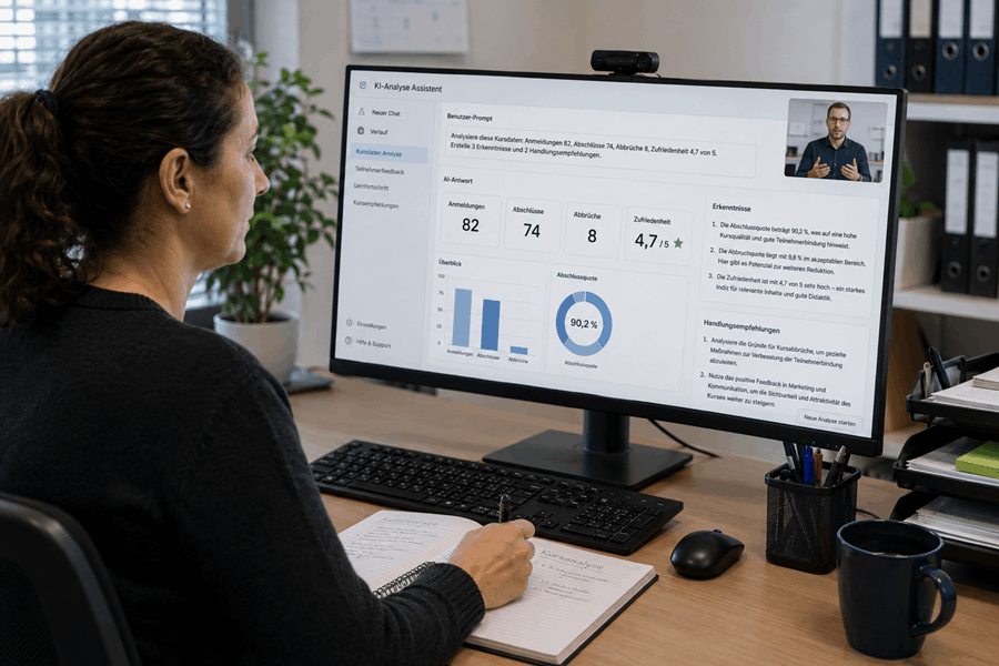 Teilnehmerin wertet Kursdaten mit KI aus und erhält Handlungsempfehlungen während einer virtuellen Weiterbildung.