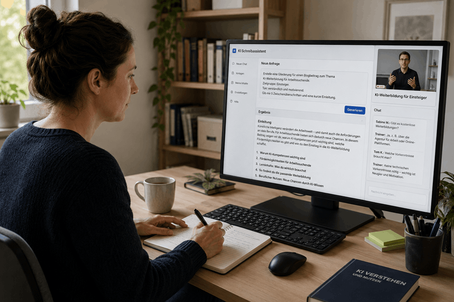 Teilnehmerin erstellt mit einem KI-Schreibassistenten Inhalte und entwickelt während einer Weiterbildung neue Textkonzepte.