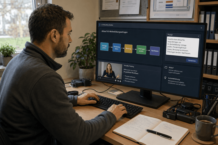 Teilnehmer erstellt automatisierte Abläufe mit KI und entwickelt neue Prozessketten im Rahmen einer Weiterbildung.