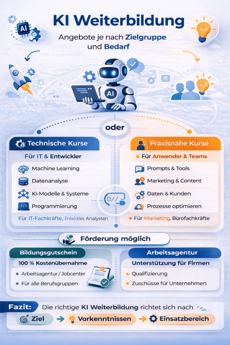 Übersicht moderner KI Weiterbildungsformate wie Online-Kurse, Seminare und praxisorientierte Trainings für Berufstätige.