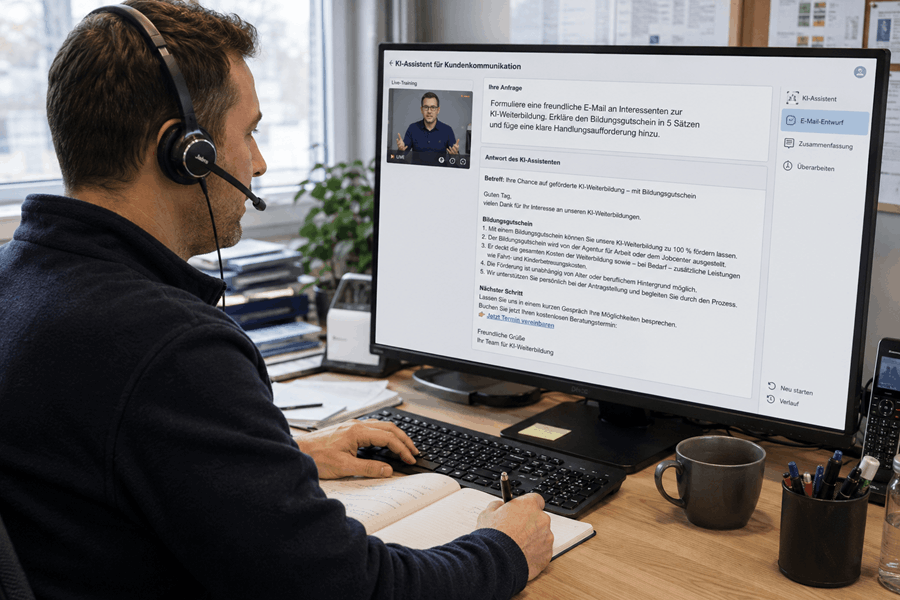 Teilnehmer nutzt KI zur Erstellung professioneller E-Mails und verbessert seine Kundenkommunikation im Online-Training.