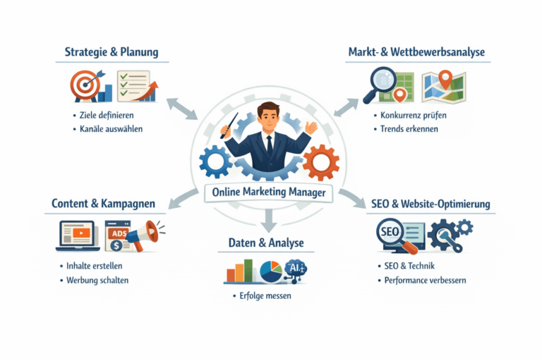 Grafik zeigt Aufgaben im Online Marketing: Kampagnen planen, Zielgruppen analysieren und Performance gezielt optimieren.