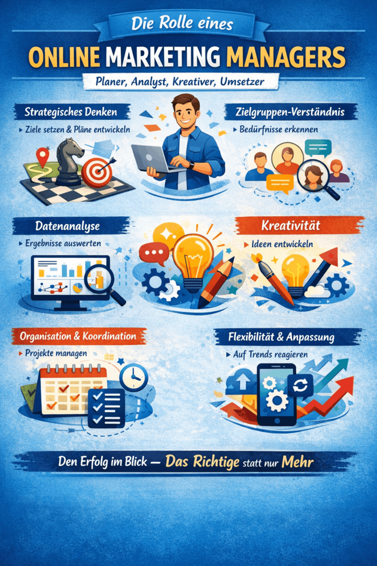 Übersicht relevanter Fähigkeiten im Online Marketing wie Datenanalyse, Strategieentwicklung und Steuerung digitaler Kampagnen.