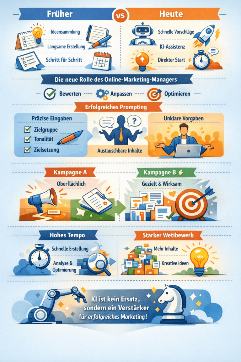 Darstellung wie KI im Online Marketing eingesetzt wird, um Daten auszuwerten, Prozesse zu automatisieren und Kampagnen zu verbessern.