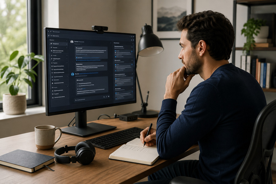 Prompt Engineer analysiert KI-Ausgaben an einem großen Monitor im Homeoffice und notiert Optimierungen in einem Notizbuch.