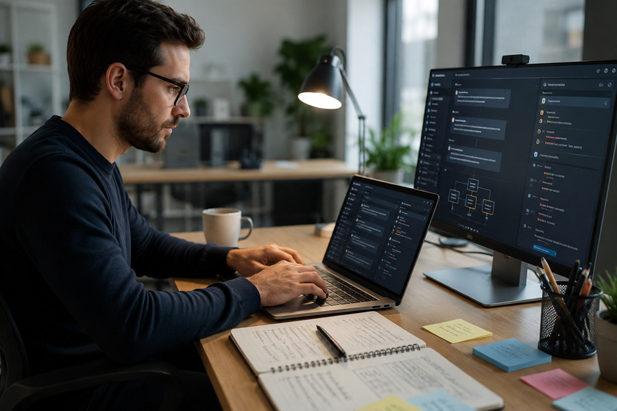 Prompt Engineer arbeitet konzentriert an Laptop und Monitor mit KI-Chatoberfläche, Notizbuch und Prompt-Strukturen auf dem Schreibtisch.