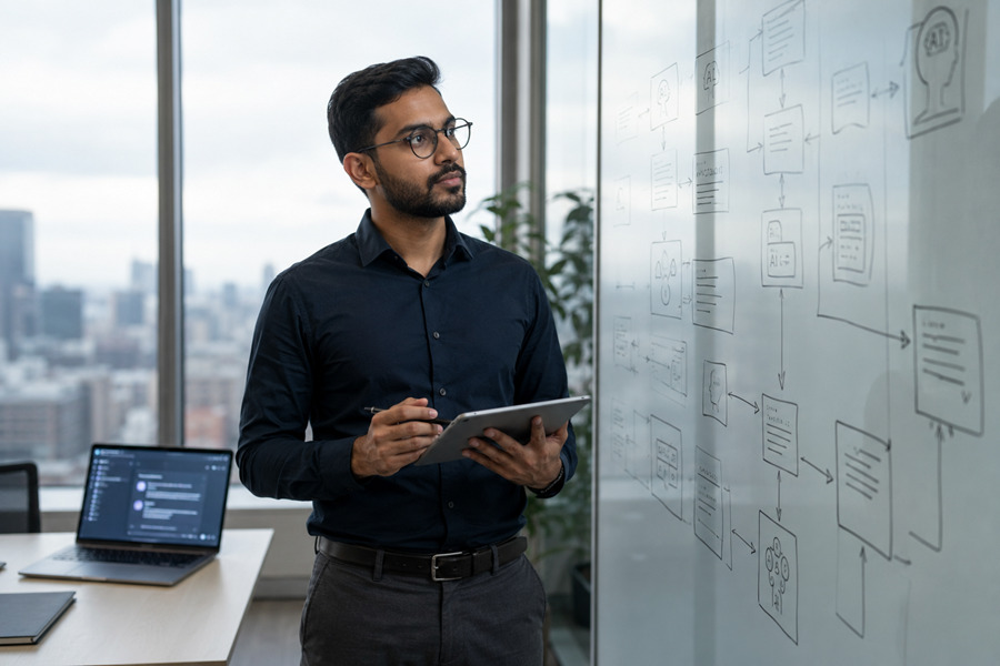 Prompt Engineer plant KI-Prozesse an einer Glaswand mit Diagrammen und hält ein Tablet in einem modernen Büro.
