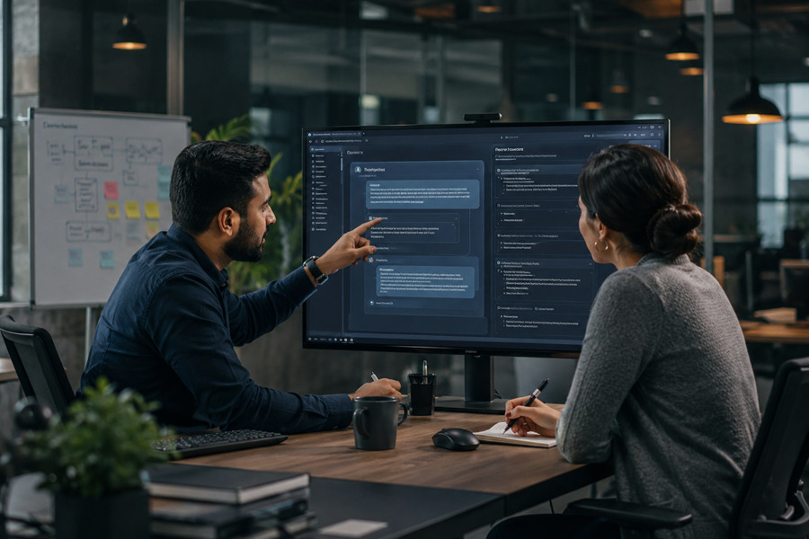 Zwei Fachkräfte besprechen Prompt-Strategien an einem großen Bildschirm mit KI-Interface in einem modernen Büro.
