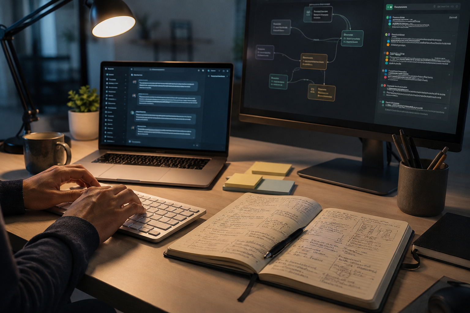 Nahaufnahme eines Arbeitsplatzes mit Tastatur, Laptop, Monitor, Notizbuch und KI-Workflow für Prompt Engineering.