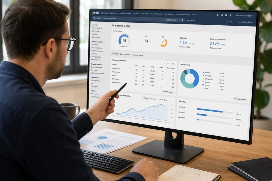 SEO-Spezialist analysiert das Backlink-Profil einer Domain in einem Tool mit verweisenden Domains und Anchor-Text-Verteilung.