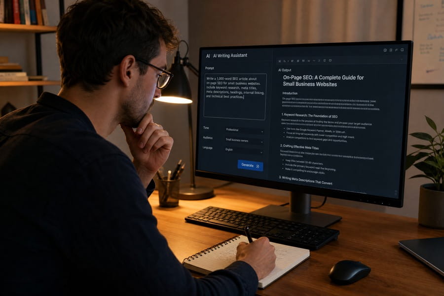 Ein SEO-Texter nutzt ein KI-Tool zur Erstellung von Webtexten und überprüft den generierten Content kritisch mit handschriftlichen Notizen.
