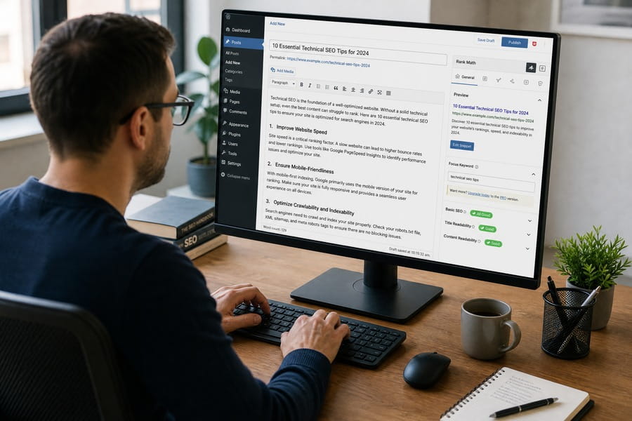 SEO-Manager pflegt Inhalt in ein Content-Management-System ein und befüllt Meta-Titel, Meta-Beschreibung und Focus-Keyword-Felder.