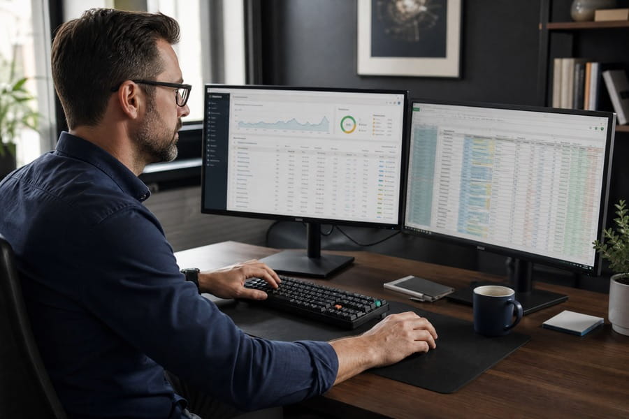 Ein SEO Manager führt eine Keyword-Recherche an zwei Monitoren durch und analysiert Suchvolumen sowie Wettbewerbsintensität.