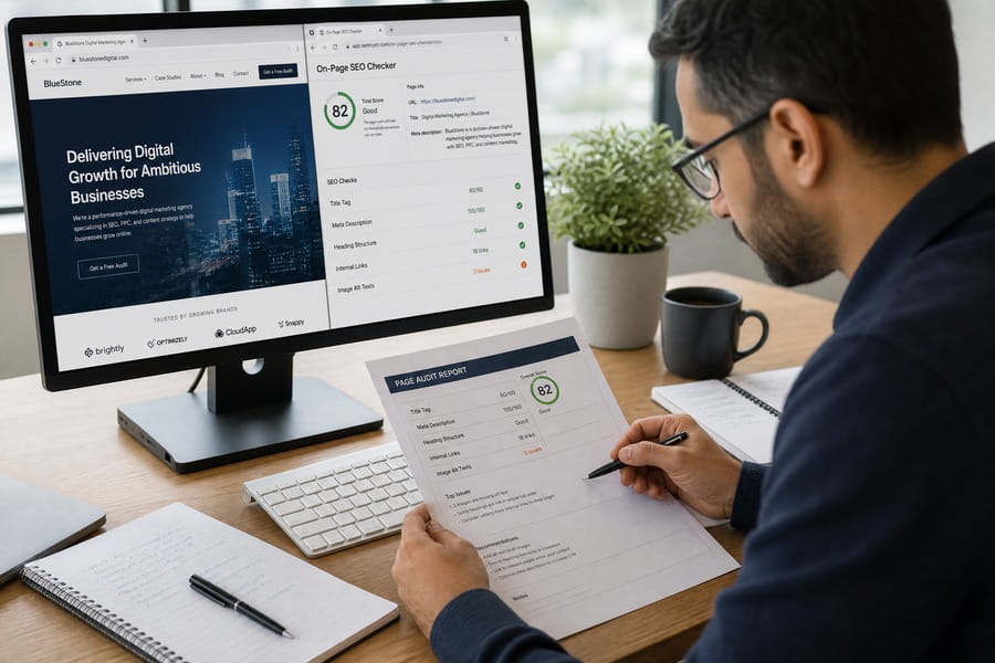 SEO-Manager führt On-Page-Optimierung durch und vergleicht die Live-Website mit einem SEO-Audit-Report auf ausgedruckten Unterlagen.