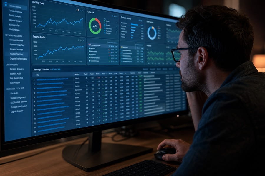 SEO-Spezialist wertet organische Rankings und Sichtbarkeitstrends in einem SEO-Dashboard auf einem Großbildmonitor aus.