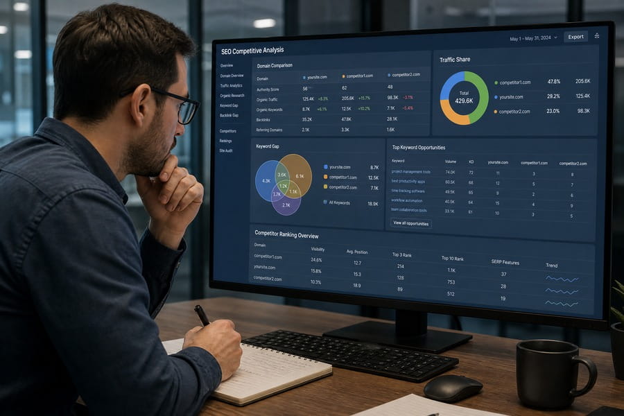 SEO-Manager führt eine Wettbewerbsanalyse durch und vergleicht Domain-Metriken, Keyword-Gaps und Traffic-Anteile in einem Analyse-Dashboard.