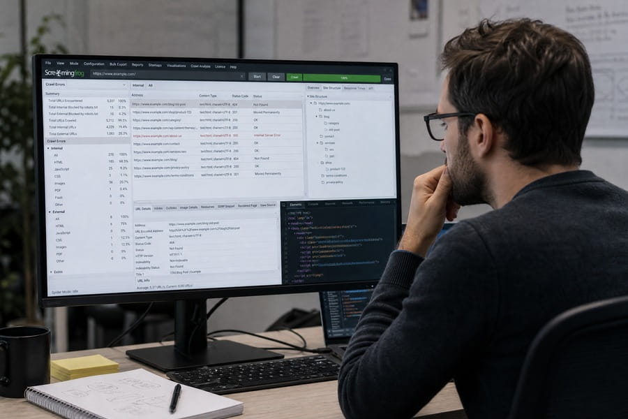 Technischer SEO-Experte analysiert Crawl-Fehler, HTTP-Statuscodes und die Seitenstruktur einer Website in einem Crawling-Tool.