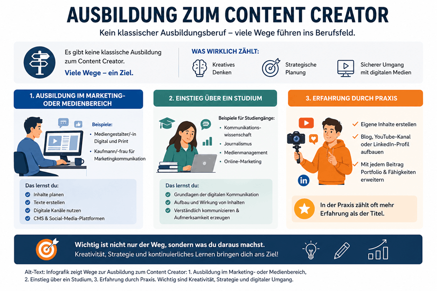 Der Weg                        zum Content Creator – Ausbildung, Studium oder Praxis: Wichtig sind Kreativität, Strategie und digitale Fähigkeiten
