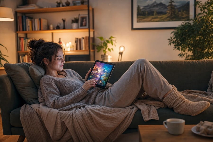 Frau auf Sofa arbeitet am Laptop mit KI-Bildgenerierungstools in gemütlichem Home-Office-Ambiente