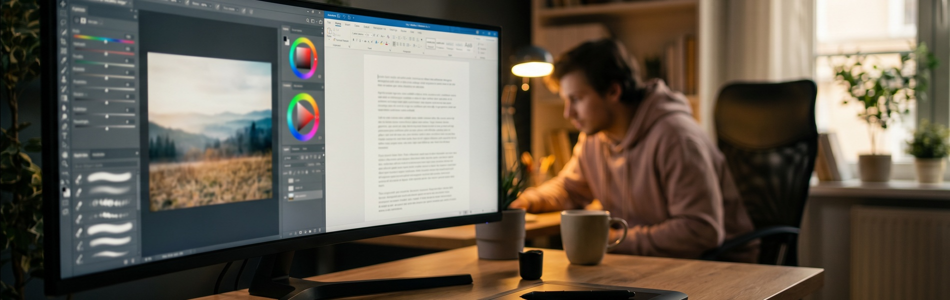 Content Creator bei der Arbeit mit verschiedenen digitalen Medien.