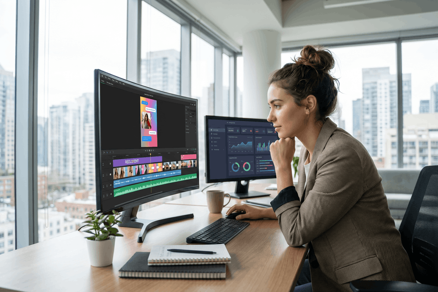Social Media Managerin bearbeitet konzentriert ein Instagram Reel im Video-Editor mit Stadtpanorama im Hintergrund.