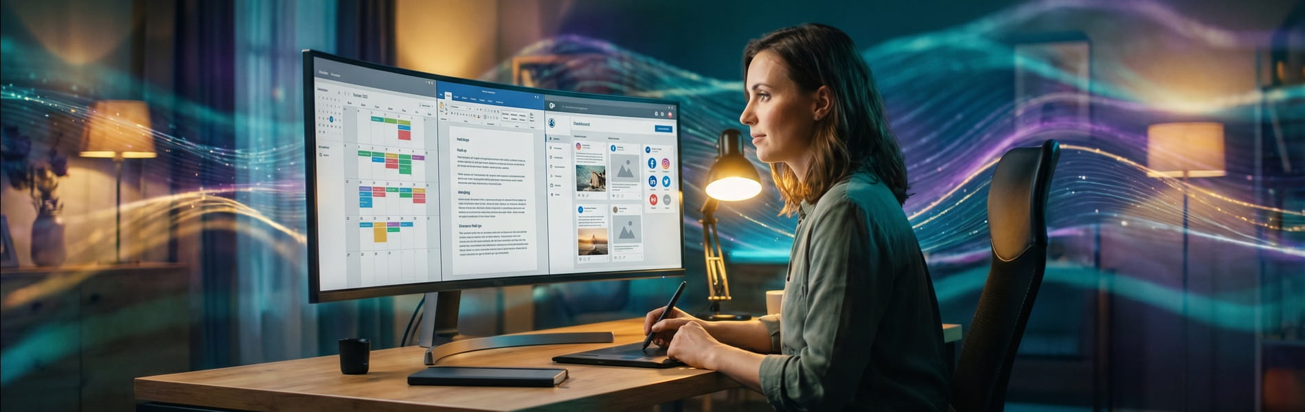 Content Managerin am Ultrawide-Monitor mit Content-Kalender, Blog-Editor und Social-Media-Dashboard.