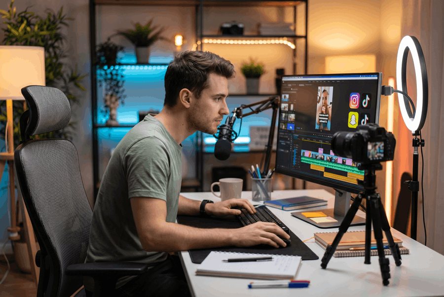 Content Creator bearbeitet konzentriert ein Social-Media-Reel im Video-Editor an seinem Arbeitsplatz.
