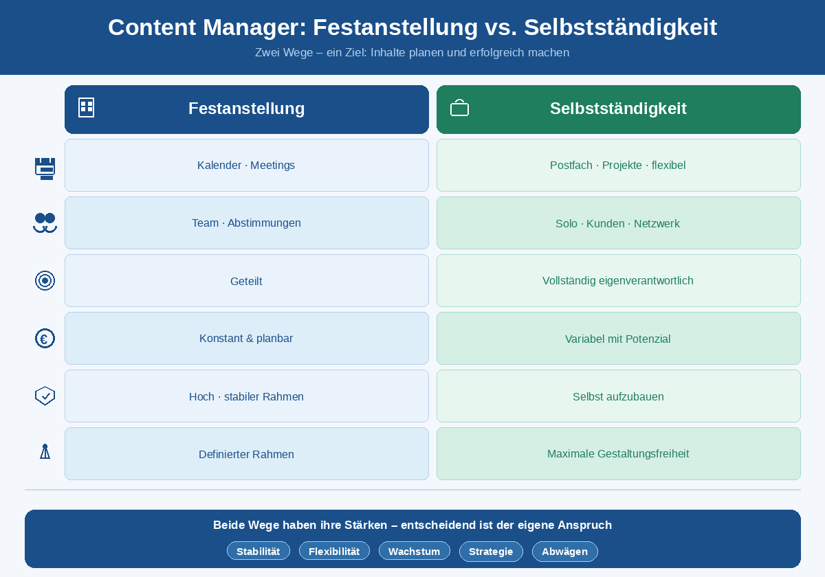 Infografik: Content Manager – Festanstellung vs. Selbstständigkeit im Vergleich zu Struktur, Team, Verantwortung, Einkommen, Sicherheit und Freiheit.