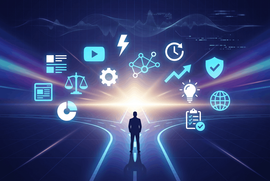 Silhouette einer Person an einem Scheideweg, umgeben von digitalen Icons zu Technik, Recht und Medien auf abstraktem Hintergrund.