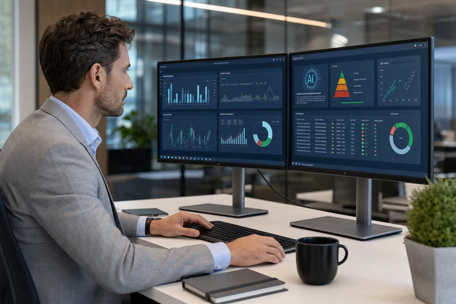 Controlling-Team analysiert Daten mit KI-gestützten Tools – modernes Finanzwesen mit Künstlicher Intelligenz