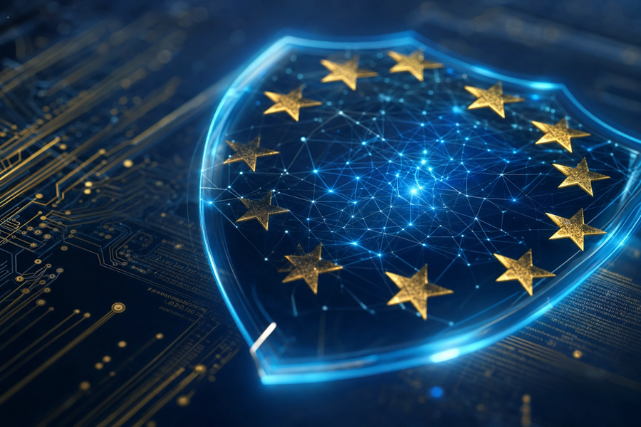 Konzeptbild zur KI-Regulierung durch den EU AI Act – Waage symbolisiert Abwägung von Innovation und Sicherheit
