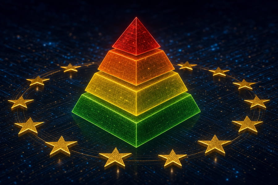 Schematische Darstellung der vier Risikoklassen im EU AI Act – von verboten bis risikoarm
