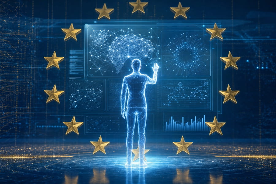 Digitale Illustration zur Transparenz im EU AI Act – symbolische Darstellung von nachvollziehbaren KI-Prozessen
