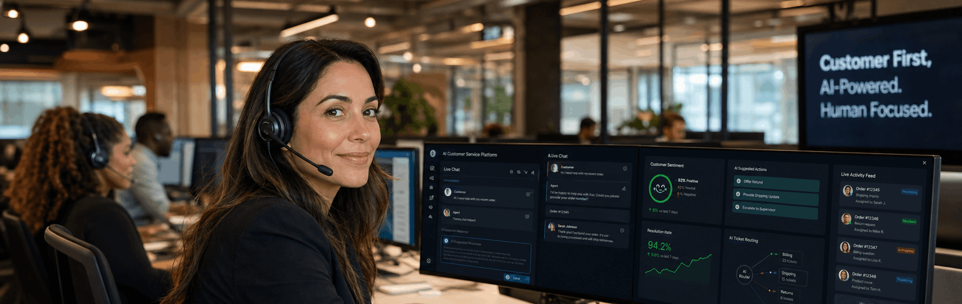 Moderner Kundenservice-Arbeitsplatz mit KI-gestützten Chat-Systemen und automatisierten Support-Tools