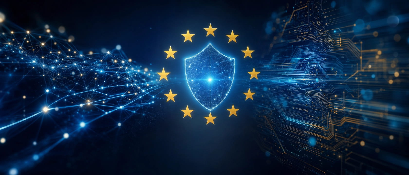 Symbolbild EU AI Act mit digitalen Elementen und europäischer Flagge – Visualisierung der neuen KI-Verordnung