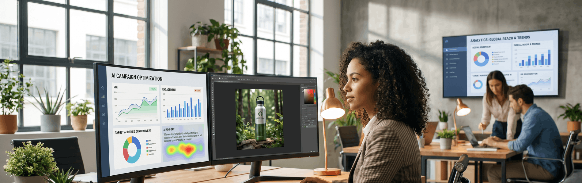 Marketingteam arbeitet mit KI-Tools an Kampagnenplanung