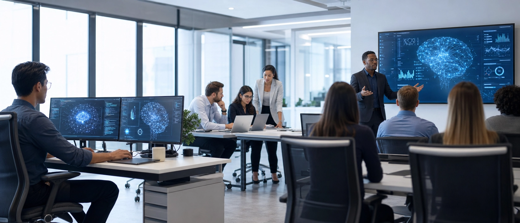 Schulungsumfeld für Künstliche Intelligenz: Fachleute arbeiten in einem offenen Büro mit KI-Dashboards auf Monitoren.