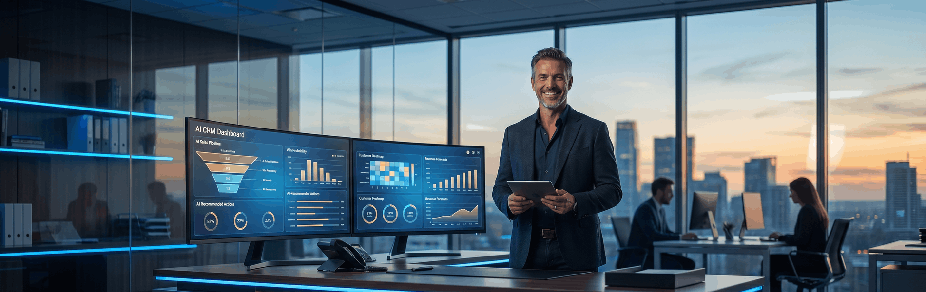 Vertriebsmanager analysiert KI-CRM-Dashboard mit Pipeline-Stufen und Kundenheatmap im modernen Büro bei Dämmerung.