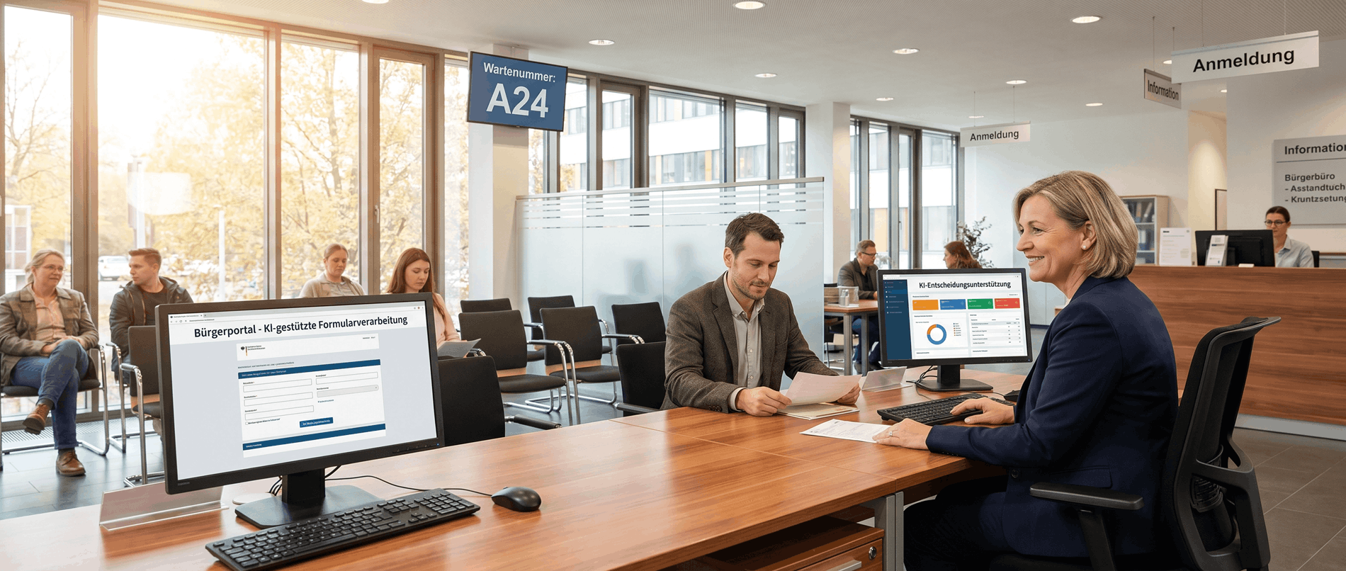 Sachbearbeiterin berät Bürger im deutschen Bürgerbüro mit KI-gestütztem Formularportal und Entscheidungs-Dashboard.