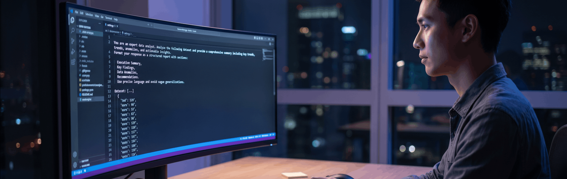 Ein Prompt Engineer tippt einen Prompt in einen Code-Editor an einem modernen Arbeitsplatz bei Nacht ein.