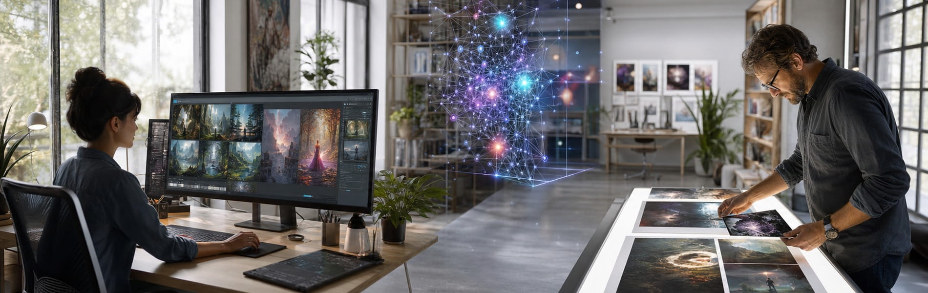 Modernes Setup zur KI-Bildgenerierung mit Computer und kreativen digitalen Werkzeugen auf hochwertigem Arbeitsplatz