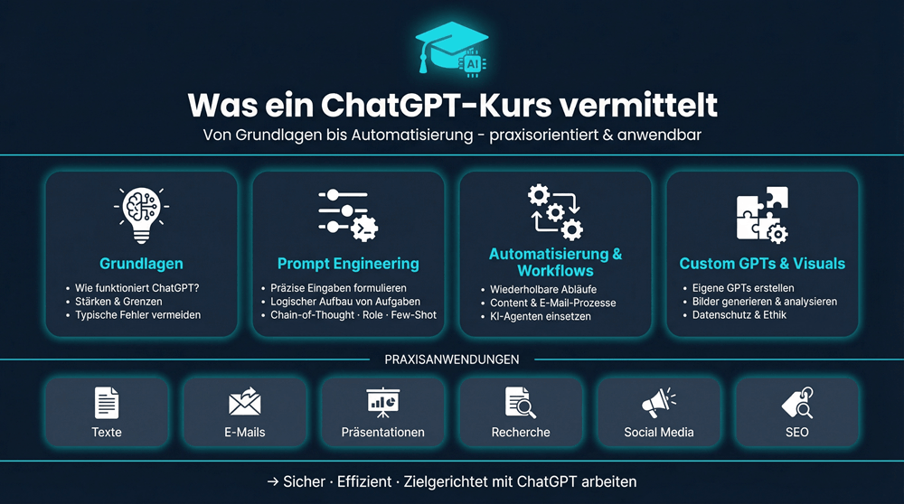 Infografik ChatGPT Kursinhalte: Prompt Engineering, Workflows, Custom GPTs, Datenschutz und praktische Anwendungen