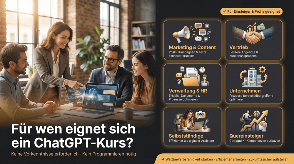 ChatGPT Kurs Zielgruppen: Marketing, Vertrieb, Verwaltung, Selbstständige und Fachkräfte profitieren von KI-Kompetenzen