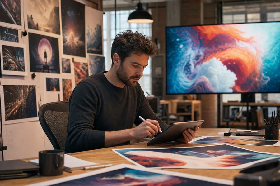 Designer im professionellen Studio arbeitet mit KI-Bildbearbeitungstools an kreativen Projekten