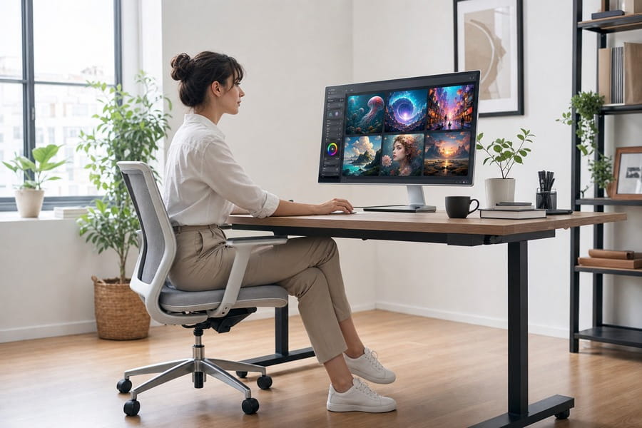 Komfortables Home-Office-Setup mit moderner KI-Bildgenerierungssoftware auf mehreren Monitoren