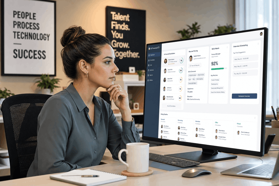 Person arbeitet an einem Laptop mit Bewerbungsunterlagen und digitalen HR-Dokumenten
