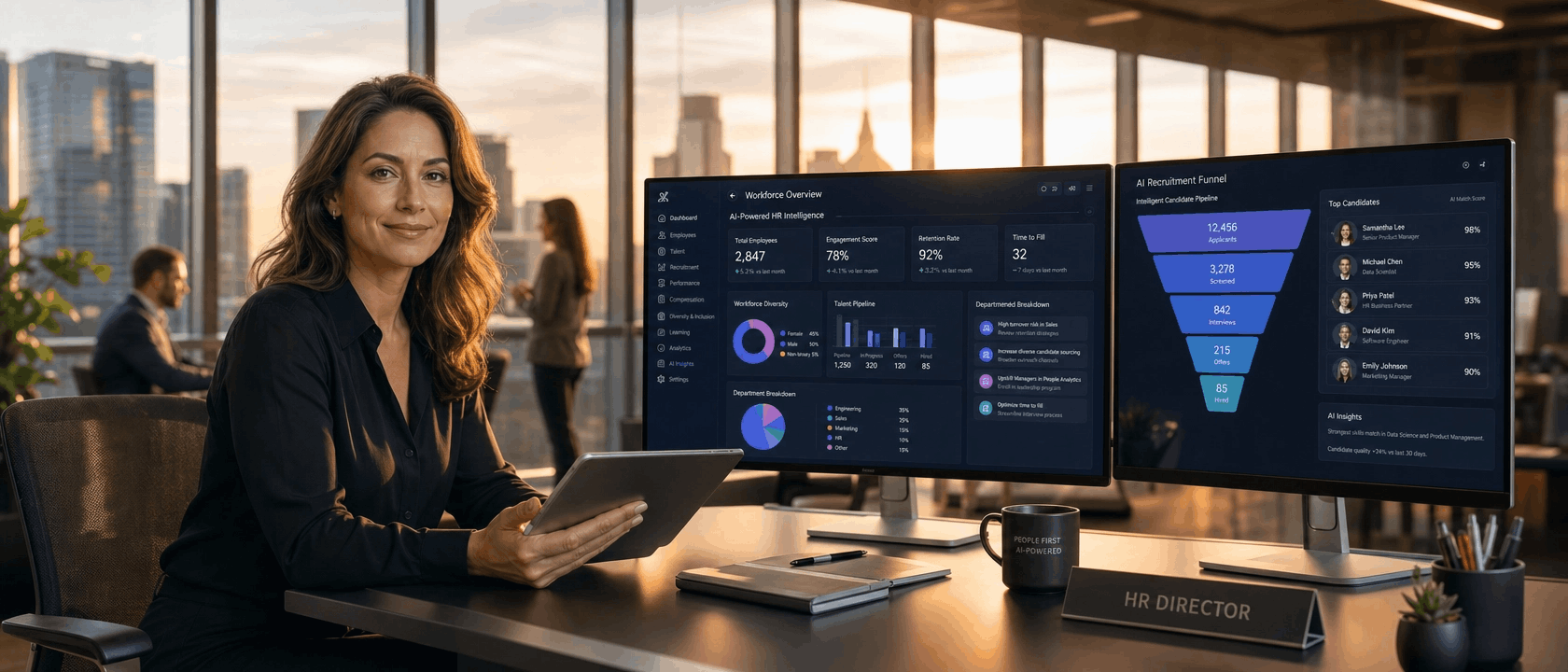 HR-Direktorin analysiert KI-HR-Dashboard mit Workforce-KPIs und AI-Recruitment-Funnel im modernen Büro bei Sonnenuntergang.