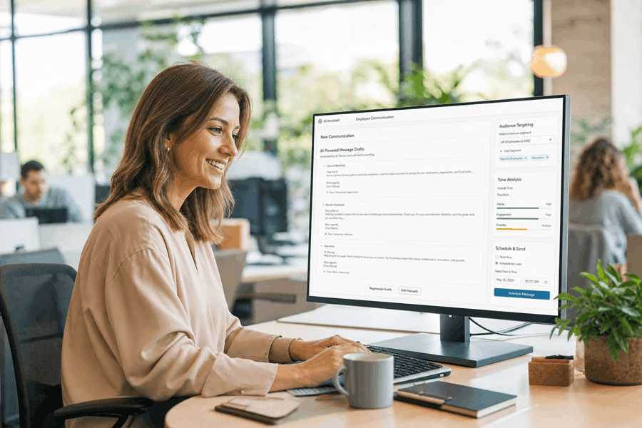 HR-Managerin erstellt KI-gestützte personalisierte Mitarbeiterkommunikation mit Tonanalyse im hellen Open-Plan-Büro.