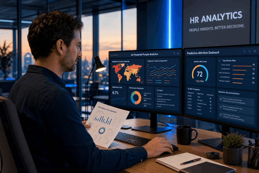 HR-Analyst vergleicht KI-People-Analytics-Dashboard mit Fluktuations-Heatmap und Attrition-Scores mit gedrucktem Bericht.
